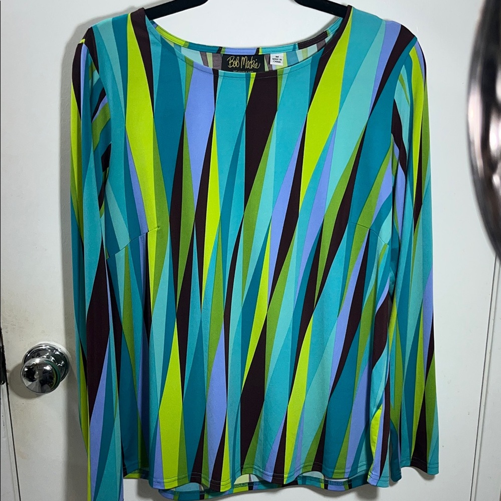 NWOT Bob Mackie Vibrant Wearable Art Geo Pullover Top in Blue and Green Med